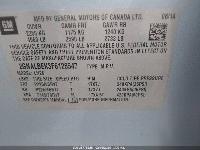 Chevrolet EQUINOX 1LT 2015 2GNALBEK3F6128547 Image 9
