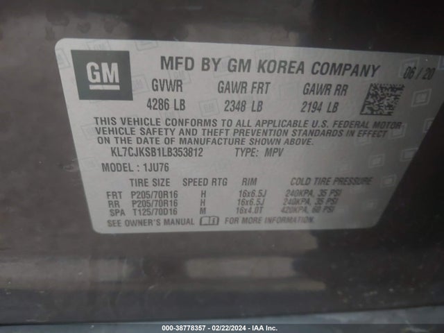 Chevrolet Trax Fwd Ls 2020 KL7CJKSB1LB353812 Image 9