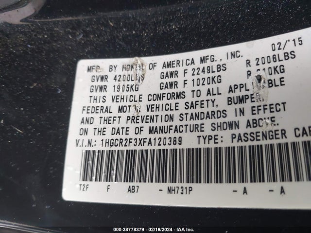 Honda ACCORD LX 2015 1HGCR2F3XFA120389 Image 9