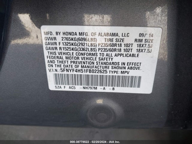 Honda Pilot Ex-l 2015 5FNYF4H51FB022625 Image 9