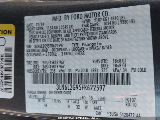 3LN6L2G95FR622597 Lincoln MKZ