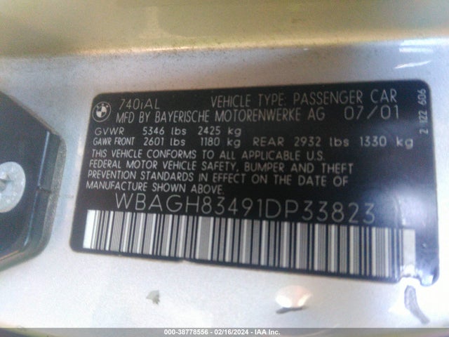 Продаж на аукціоні авто 2001 Bmw 740il, vin: WBAGH83491DP33823, номер лоту: 38778556