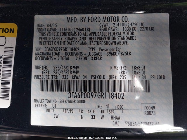 2016 FORD FUSION TITANIUM VIN: 3FA6P0D97GR118402