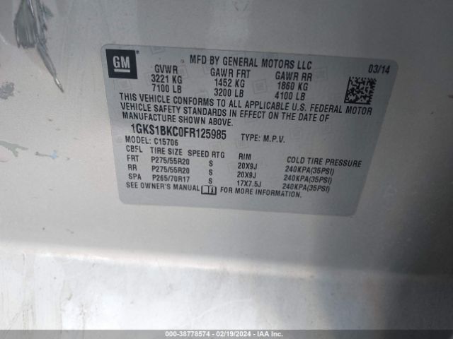1GKS1BKC0FR125985 GMC YUKON SLT