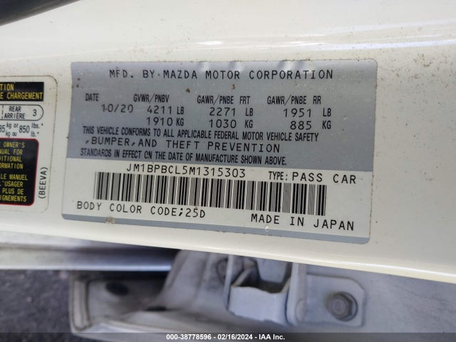 2021 MAZDA MAZDA3 PREFERRED VIN: JM1BPBCL5M1315303