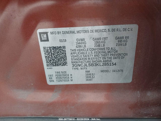 Chevrolet Trax Lt 2019 3GNCJLSB3KL285154 Image 9