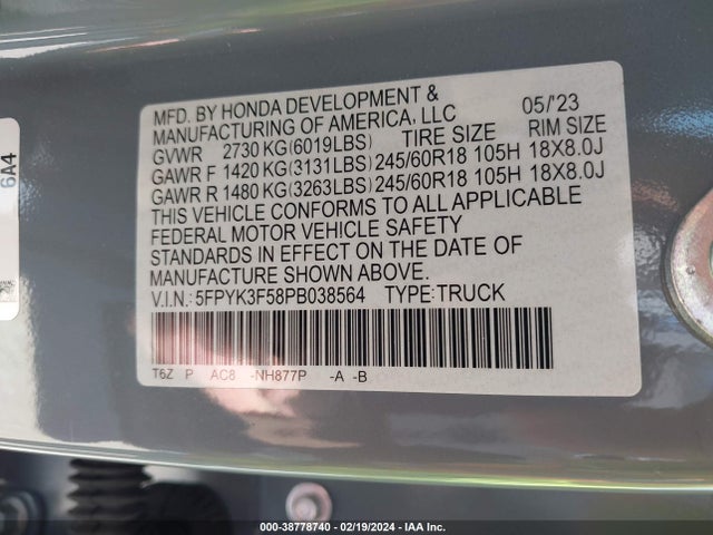 Honda Ridgeline Rtl 2023 5FPYK3F58PB038564 Image 9