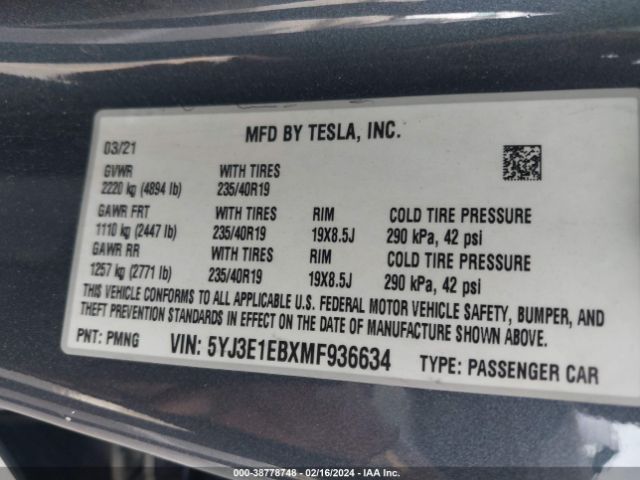 5YJ3E1EBXMF936634 Tesla Model 3 Long Range Dual Motor All-wheel Drive