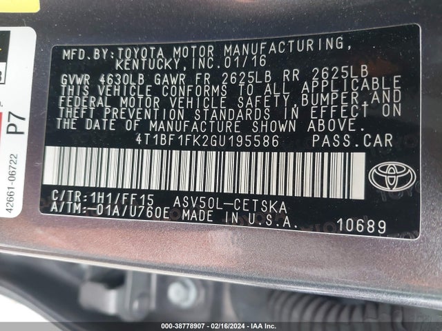 Toyota CAMRY SE 2016 4T1BF1FK2GU195586 Image 9