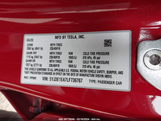 5YJ3E1EA7LF736767 Tesla Model 3 Standard Range Plus Rear-wheel Drive/standard Range Rear-wheel Drive