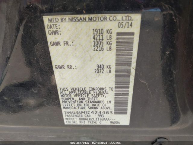 1N4AL3AP4EC424463 Nissan Altima 2.5/2.5 S/2.5 Sl/2.5 Sv