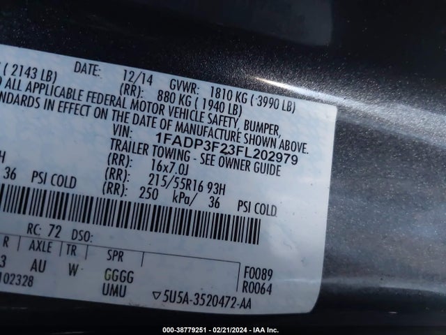Ford FOCUS SE 2015 1FADP3F23FL202979 Image 9