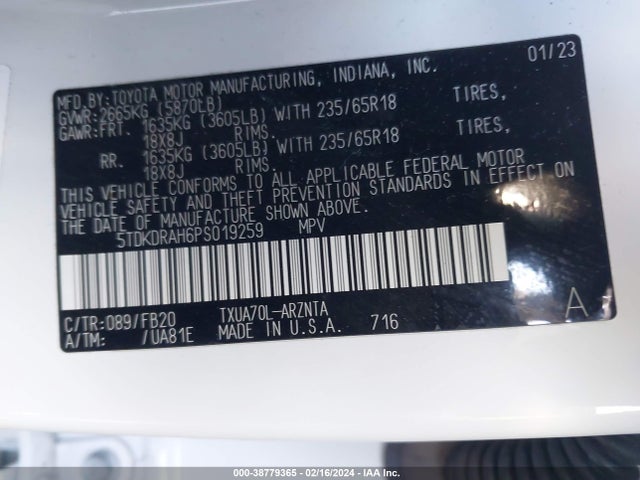 Toyota Highlander Le 2023 5TDKDRAH6PS019259 Image 9