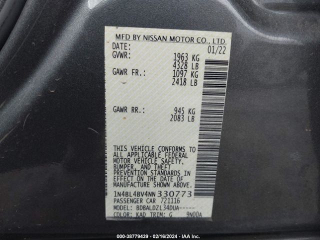 1N4BL4BV4NN330773 Nissan Altima S Fwd