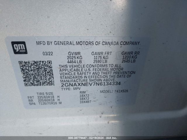 2GNAXNEV7N6134334 Chevrolet Equinox Fwd Premier