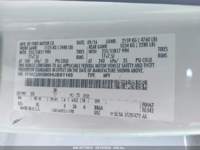 1FMCU0G90HUB91165 Ford ESCAPE SE