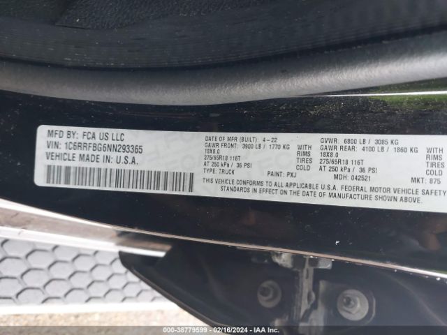1C6RRFBG6NN293365 RAM 1500 Big Horn Quad Cab 4x4 6'4 Box
