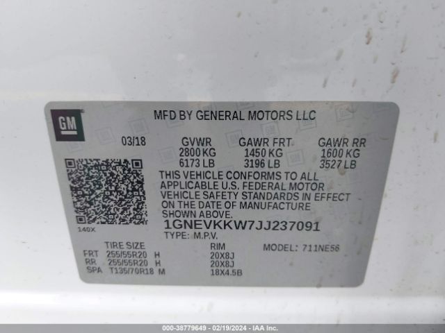 1GNEVKKW7JJ237091 Chevrolet Traverse High Country
