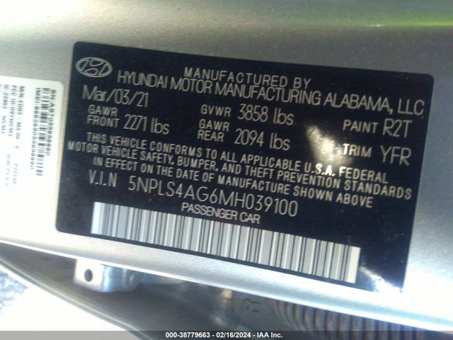 Hyundai ELANTRA SEL 2021 5NPLS4AG6MH039100 Image 9