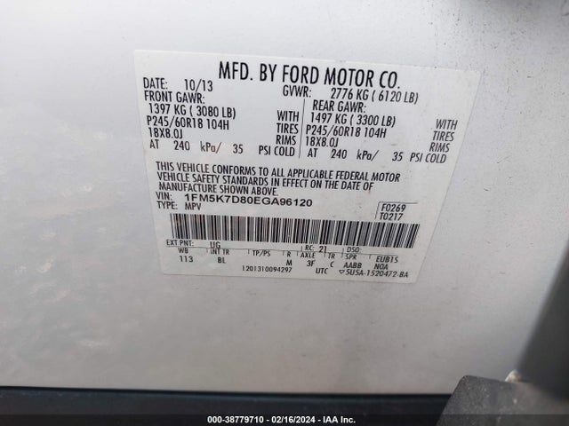 Ford EXPLORER XLT 2014 1FM5K7D80EGA96120 Image 9