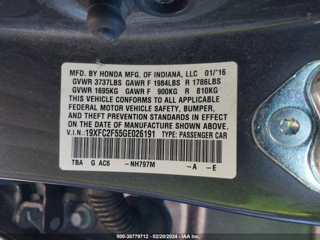 Honda Civic Lx 2016 19XFC2F55GE026191 Image 9