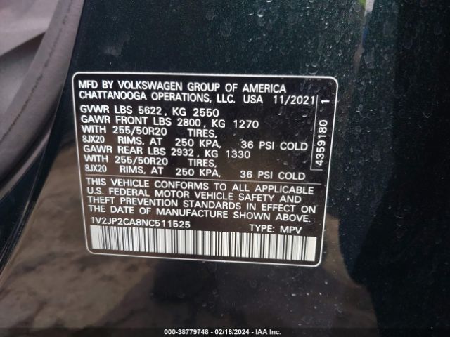 1V2JP2CA8NC511525 Volkswagen Atlas 2.0t Se W/technology