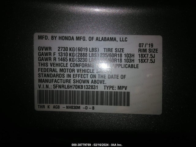 Honda Odyssey Ex-l 2019 5FNRL6H70KB132831 Image 9