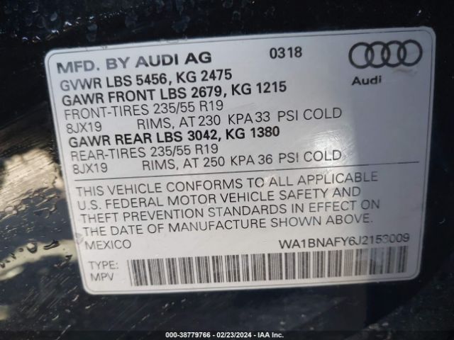 WA1BNAFY6J2153009 Audi Q5 2.0t Premium/2.0t Tech Premium