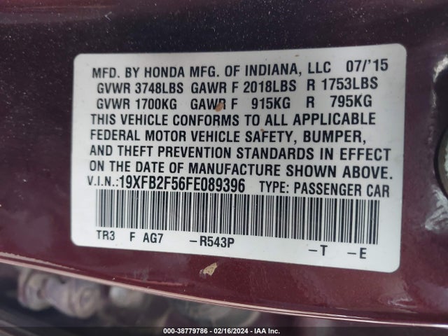Honda Civic Lx 2015 19XFB2F56FE089396 Image 9