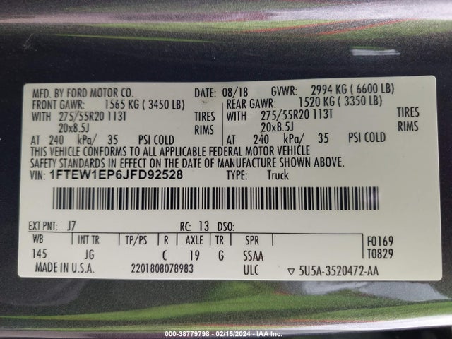 2018 FORD F-150 XL VIN: 1FTEW1EP6JFD92528