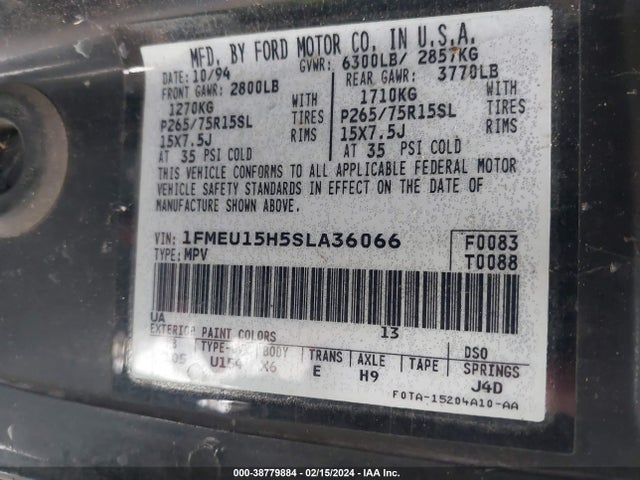 1995 FORD BRONCO U100 VIN: 1FMEU15H5SLA36066