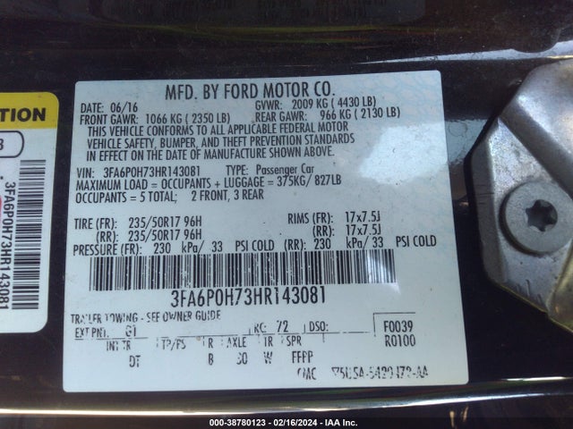 Ford FUSION SE 2017 3FA6P0H73HR143081 Image 9