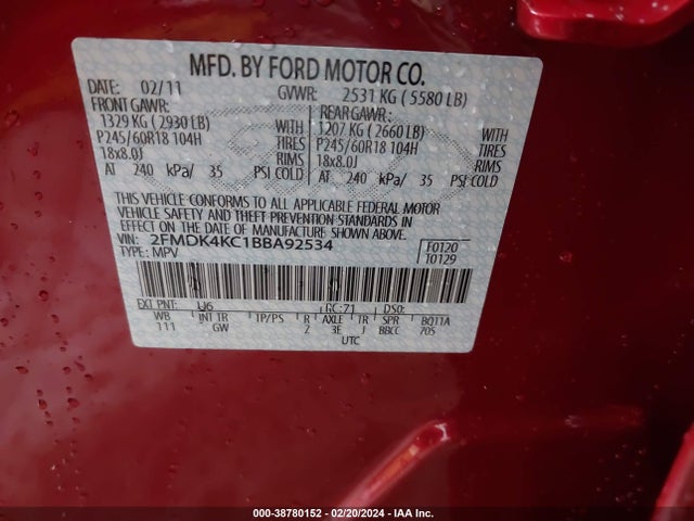 2011 FORD EDGE LIMITED VIN: 2FMDK4KC1BBA92534