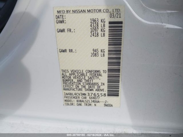 1N4BL4CV3MN376558 Nissan Altima Sr Fwd
