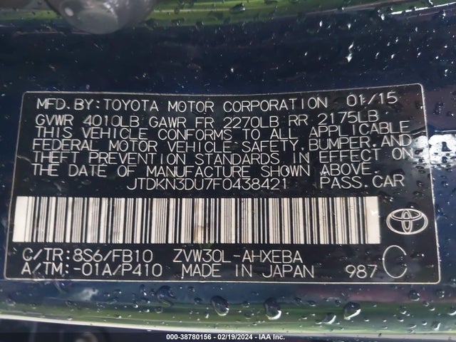 Toyota Prius Two 2015 JTDKN3DU7F0438421 Image 9