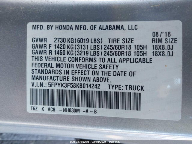 Honda Ridgeline Rtl 2019 5FPYK3F58KB014242 Image 9