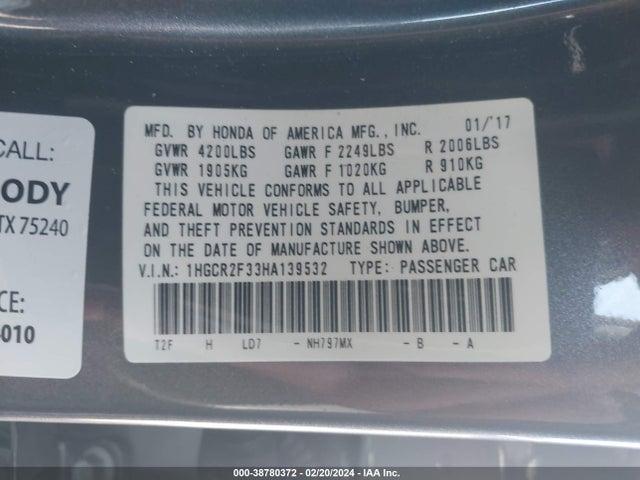 Honda ACCORD LX 2017 1HGCR2F33HA139532 Image 9