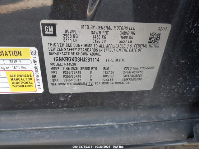 Chevrolet Traverse 1lt 2017 1GNKRGKD8HJ281114 Image 9