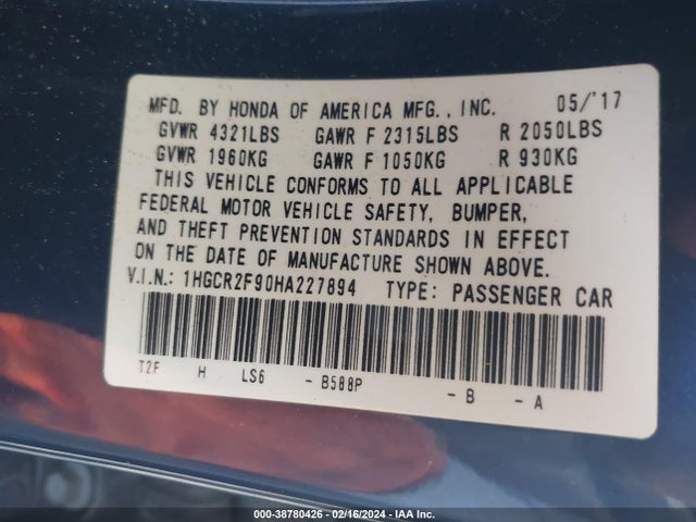 Honda Accord Ex-l 2017 1HGCR2F90HA227894 Image 9
