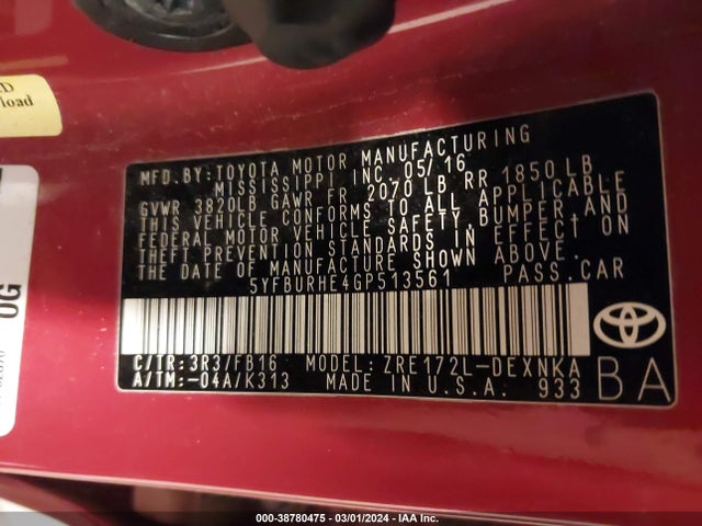 Toyota COROLLA LE 2016 5YFBURHE4GP513561 Image 9