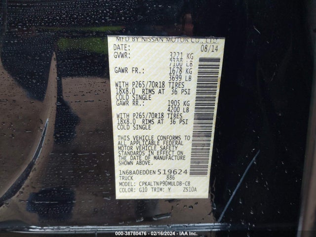 Nissan Titan S/sl/sv 2014 1N6BA0ED0EN519624 Image 9