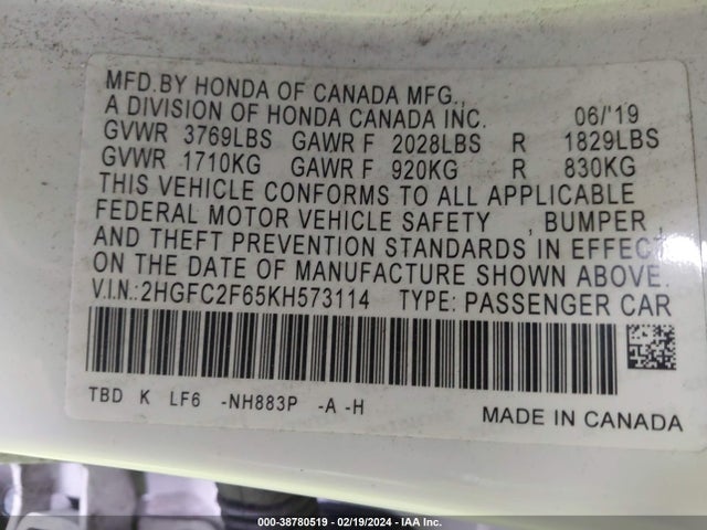 Honda Civic Lx 2019 2HGFC2F65KH573114 Image 9