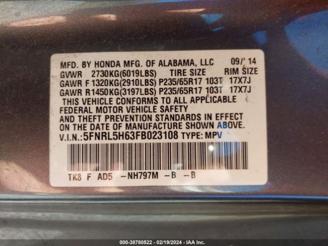 5FNRL5H63FB023108 Honda Odyssey Ex-l