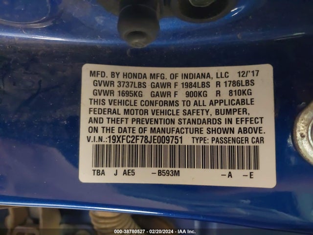 Honda CIVIC EX 2018 19XFC2F78JE009751 Image 9