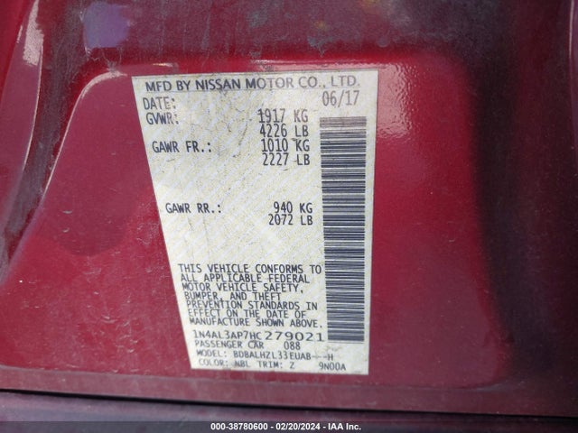 Nissan Altima 2.5 Sr 2017 1N4AL3AP7HC279021 Image 9