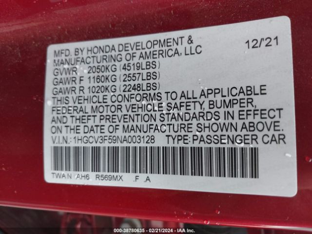 1HGCV3F59NA003128 Honda Accord Hybrid Ex-l