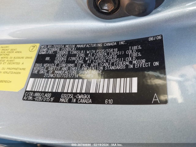 2007 LEXUS RX 350 VIN: 2T2HK31U77C017714