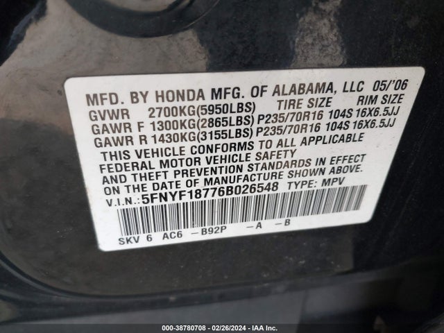 Aukcja sprzedaży 2006 Honda Pilot Ex-l, vin: 5FNYF18776B026548, numer aukcji: 38780708