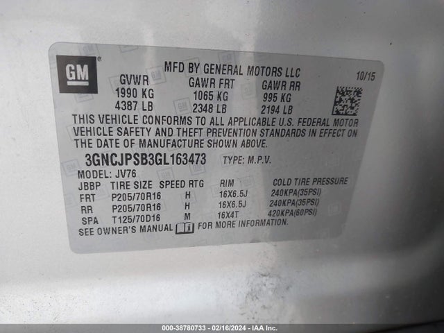 Chevrolet Trax Lt 2016 3GNCJPSB3GL163473 Image 9