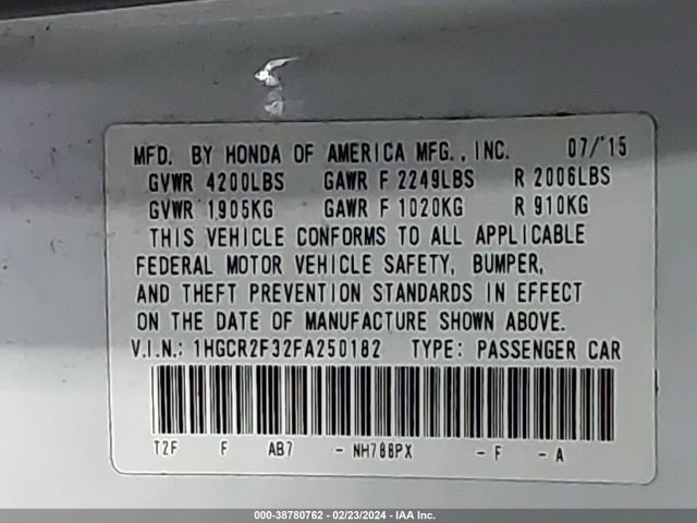 Honda ACCORD LX 2015 1HGCR2F32FA250182 Image 9